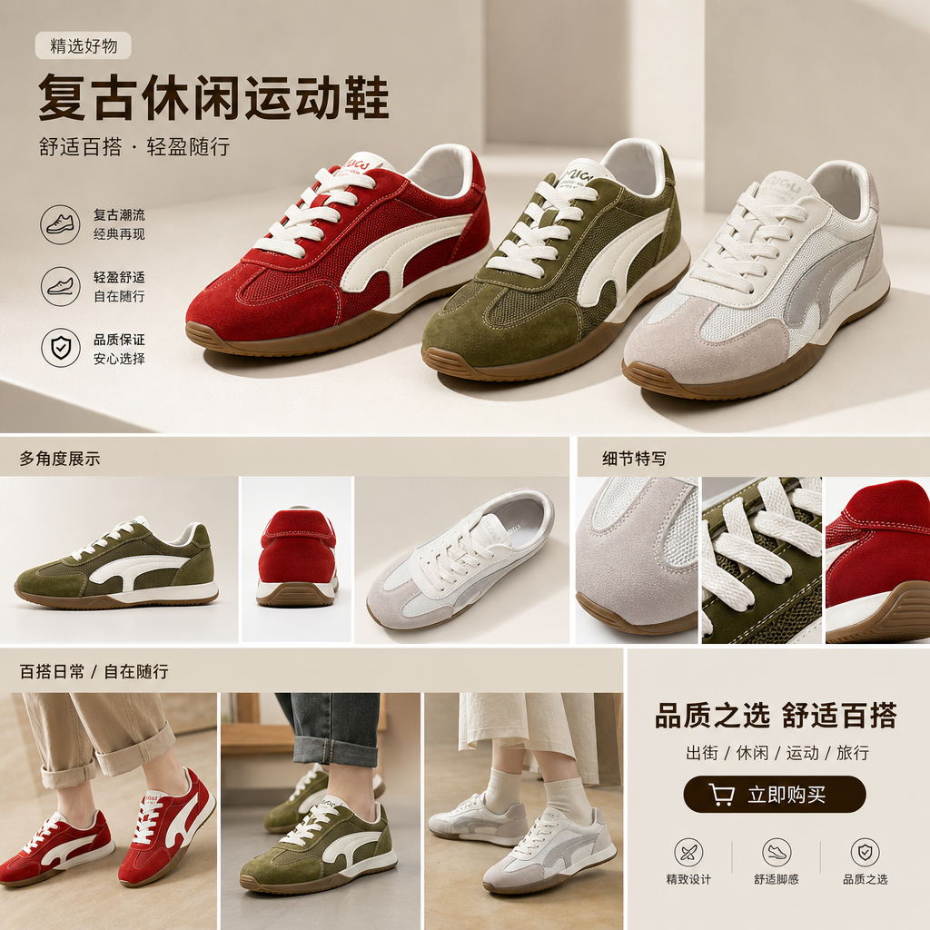 真皮网面复古德训鞋女2026春夏新款拼色系带赛车鞋运动休闲阿甘鞋详情1