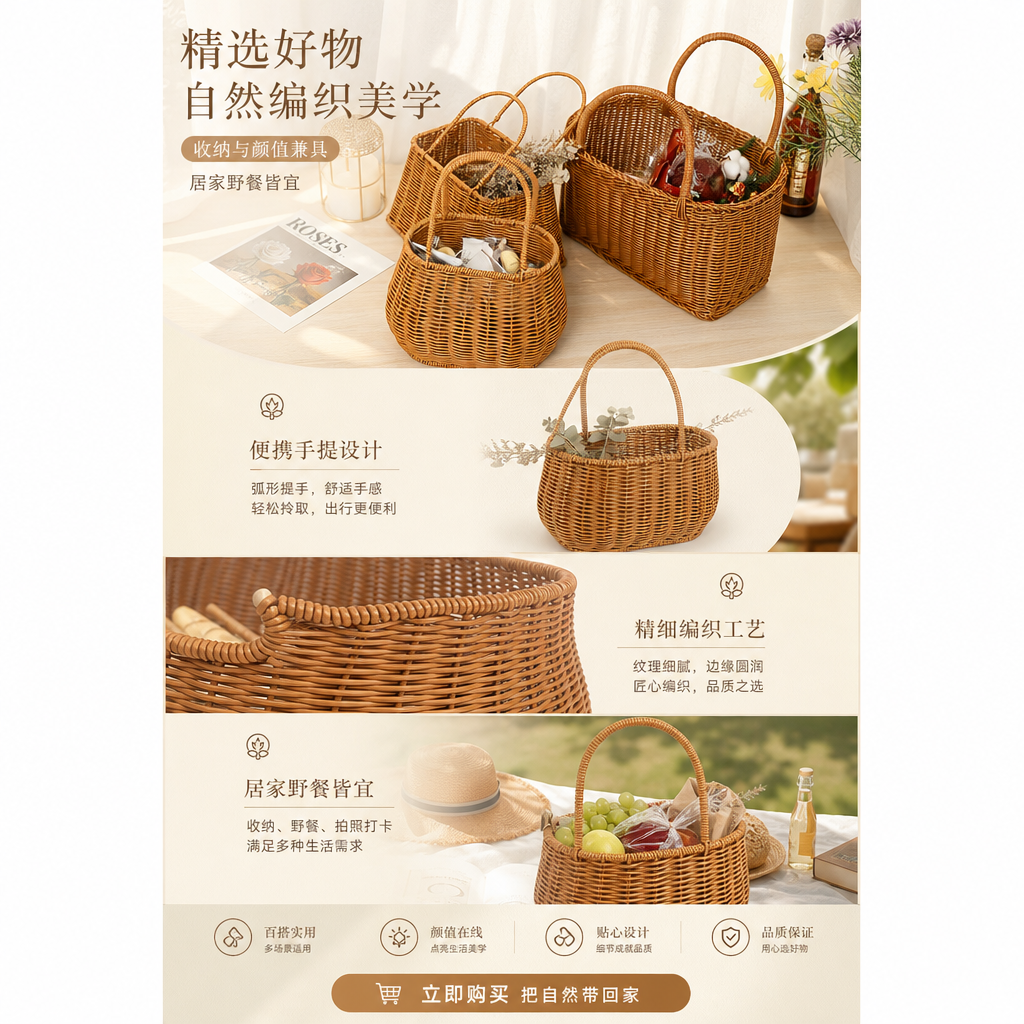藤编多肉手提花篮购物篮手工编织工艺品创意经典收纳篮创意收纳详情1