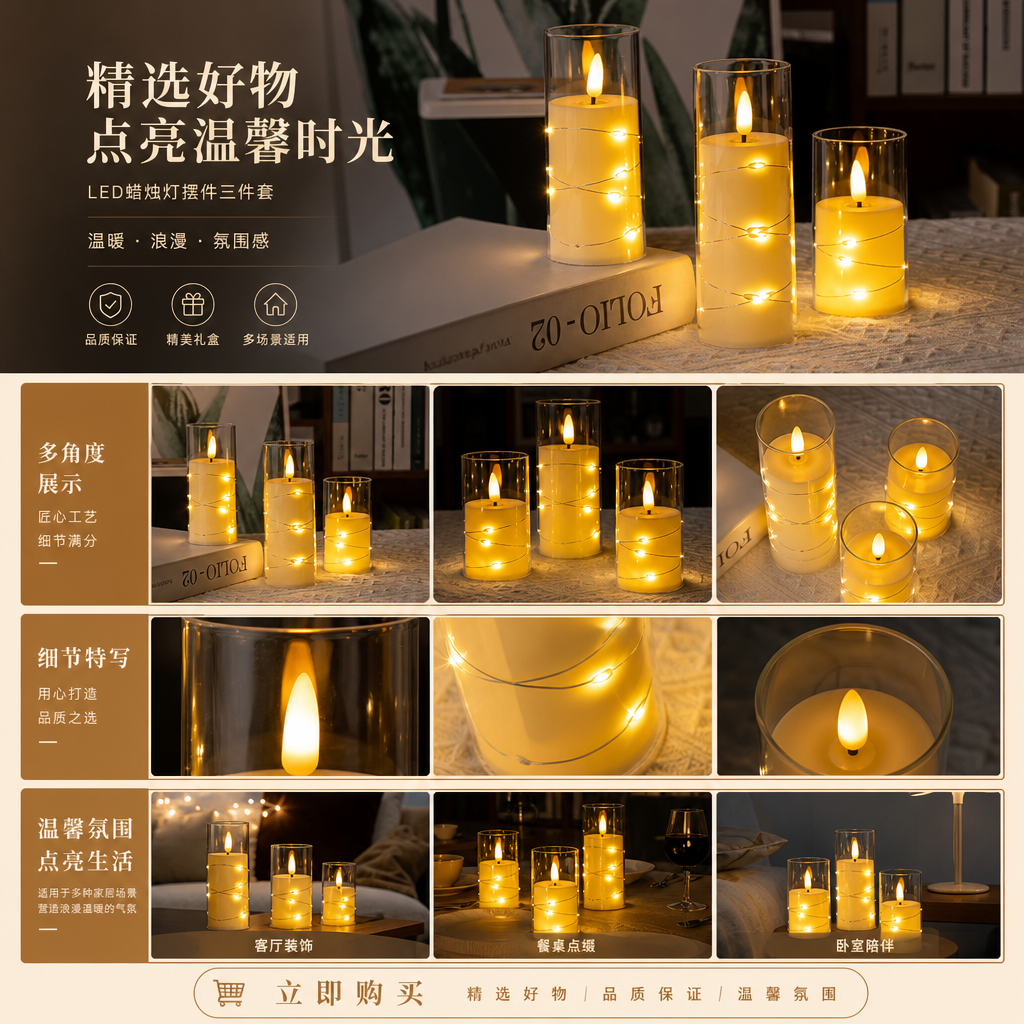 LED蜡烛灯三支装电子蜡烛配玻璃杯装饰烛台氛围灯供佛长明灯详情1