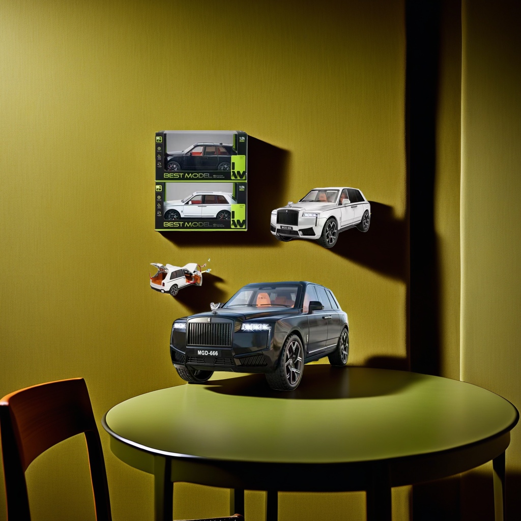 Rolls-Royce 1:24 black and white SUV model, made of ABS material, with lighting and sound effects, and featuring openable doors Specification image