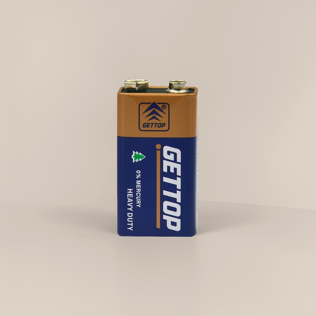 The GETTOP 9V alkaline battery 6F22 offers long-lasting power and is suitable for smoke alarms and multimeters Specification image