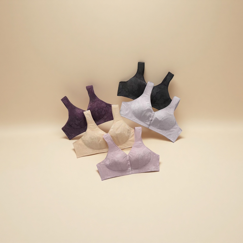 Five multi-color bras without underwire, with front buckle pattern design, black, silver gray, deep purple skin tone, rose pink color, size 36 to 46