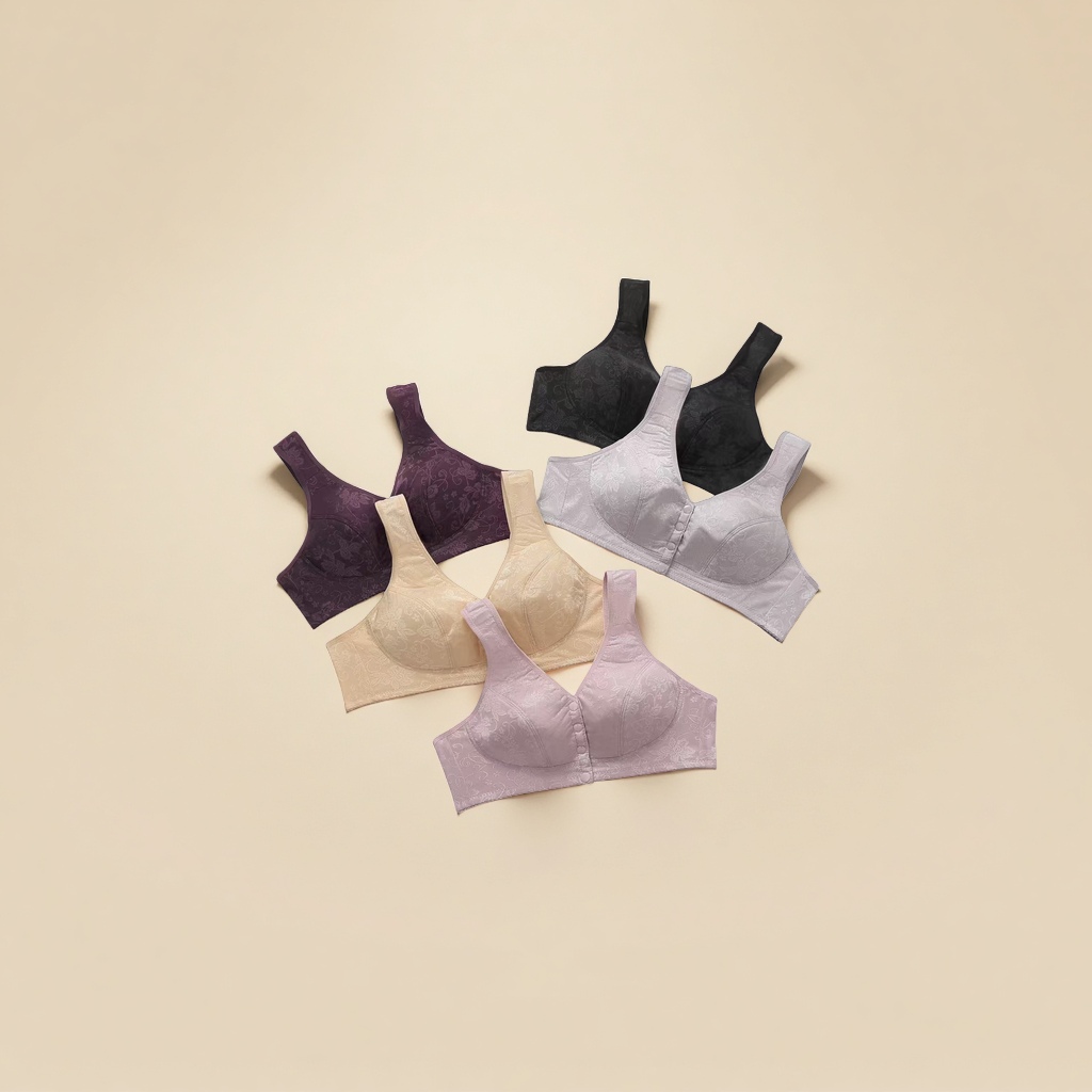 Five multi-color bras without underwire, with front buckle pattern design, black, silver gray, deep purple skin tone, rose pink color, size 36 to 46 Application Scenario