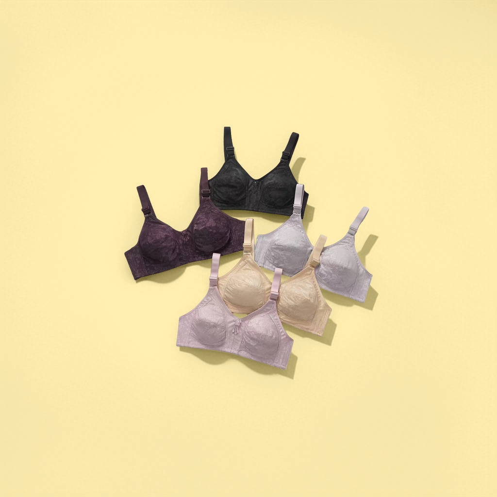 Five multi-color bras: black, deep purple, silver gray, skin tone, and rose sand. Bras for export Specification image
