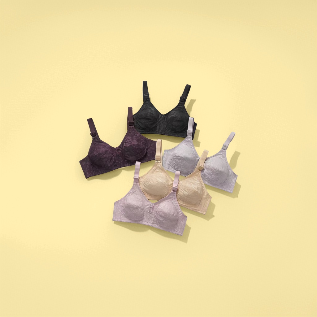 Five multi-color bras: black, deep purple, silver gray, skin tone, and rose sand. Bras for export Application Scenario