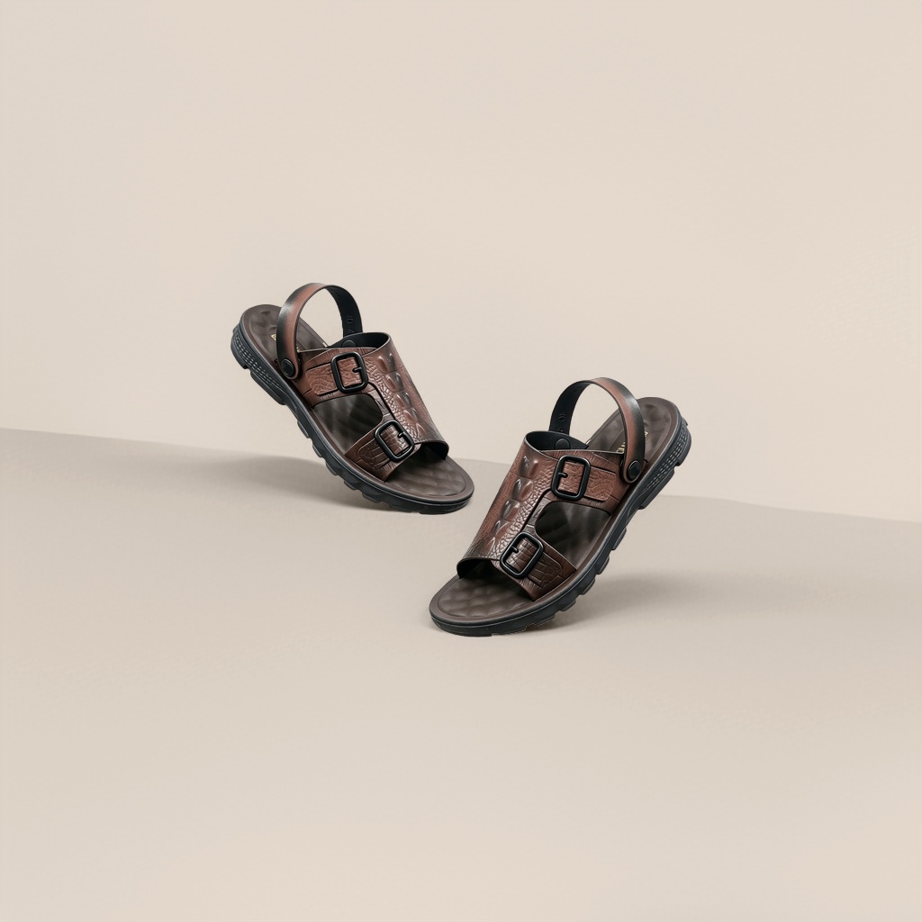 Brown leather sandals for men, summer breathable and casual flat sandals Specification image