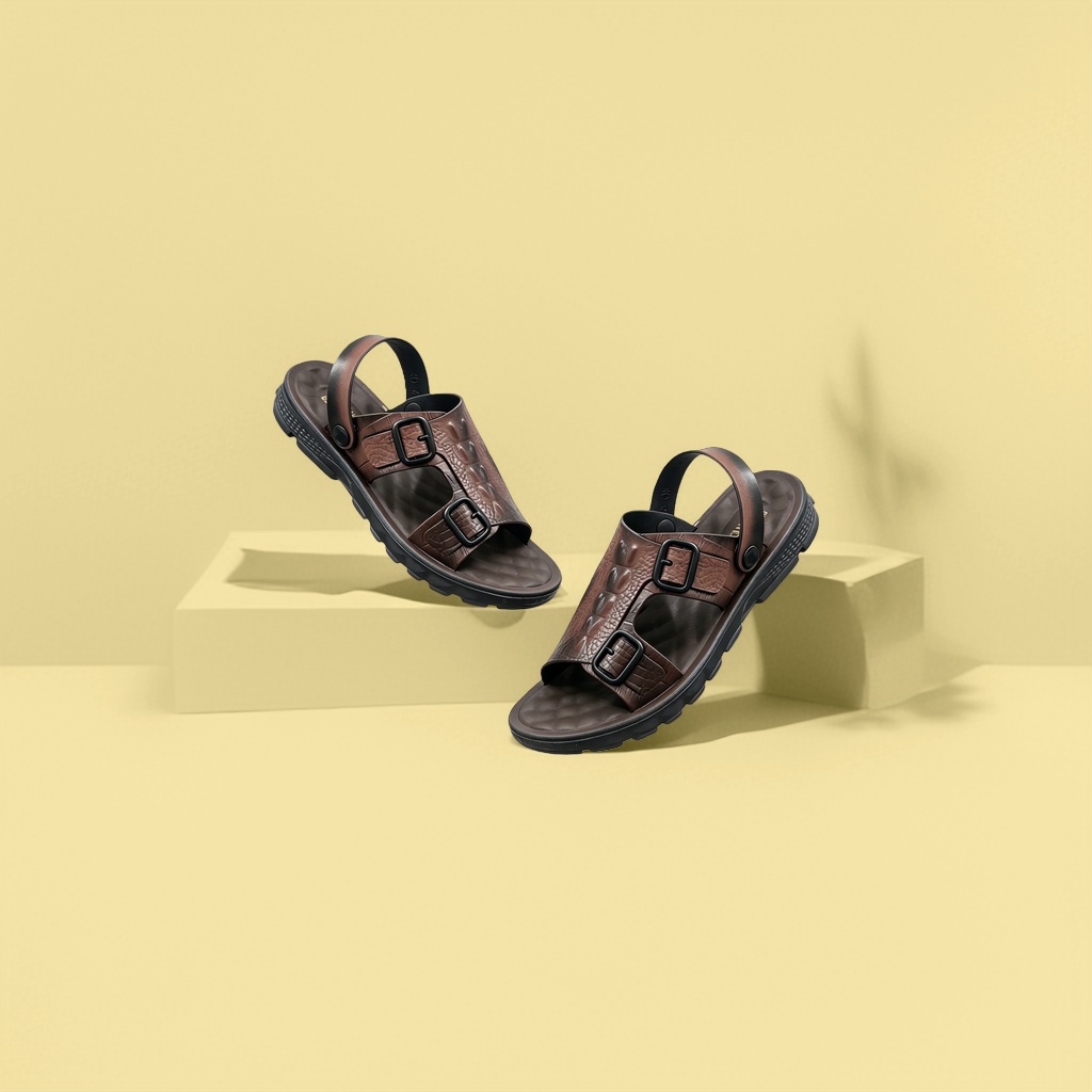 Brown leather sandals for men, summer breathable and casual flat sandals details Picture