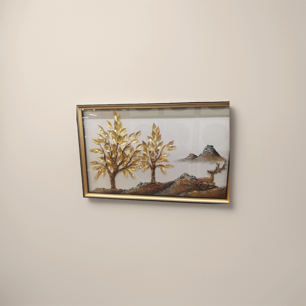 金属浮雕山水鹿景画 客厅卧室装饰画 高端立体壁画