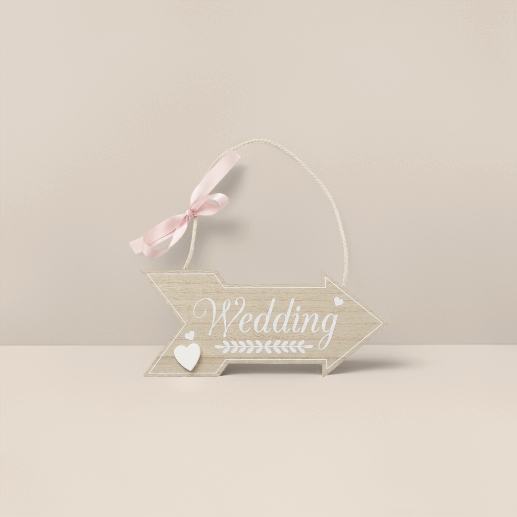 Wooden arrow signs for wedding decoration, guiding signposts and welcoming props