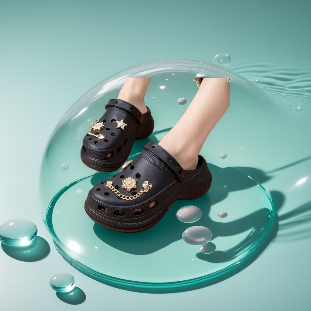 Black crocs, EVA lightweight thick-soled summer outdoor beach shoes details Picture