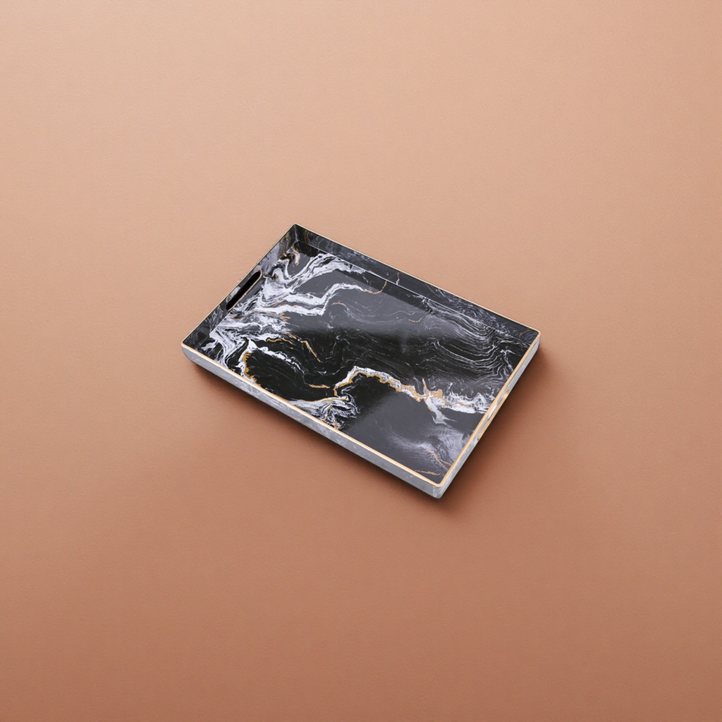 Black marble-textured tray, home decoration storage plate, marble-textured dinner plate details Picture