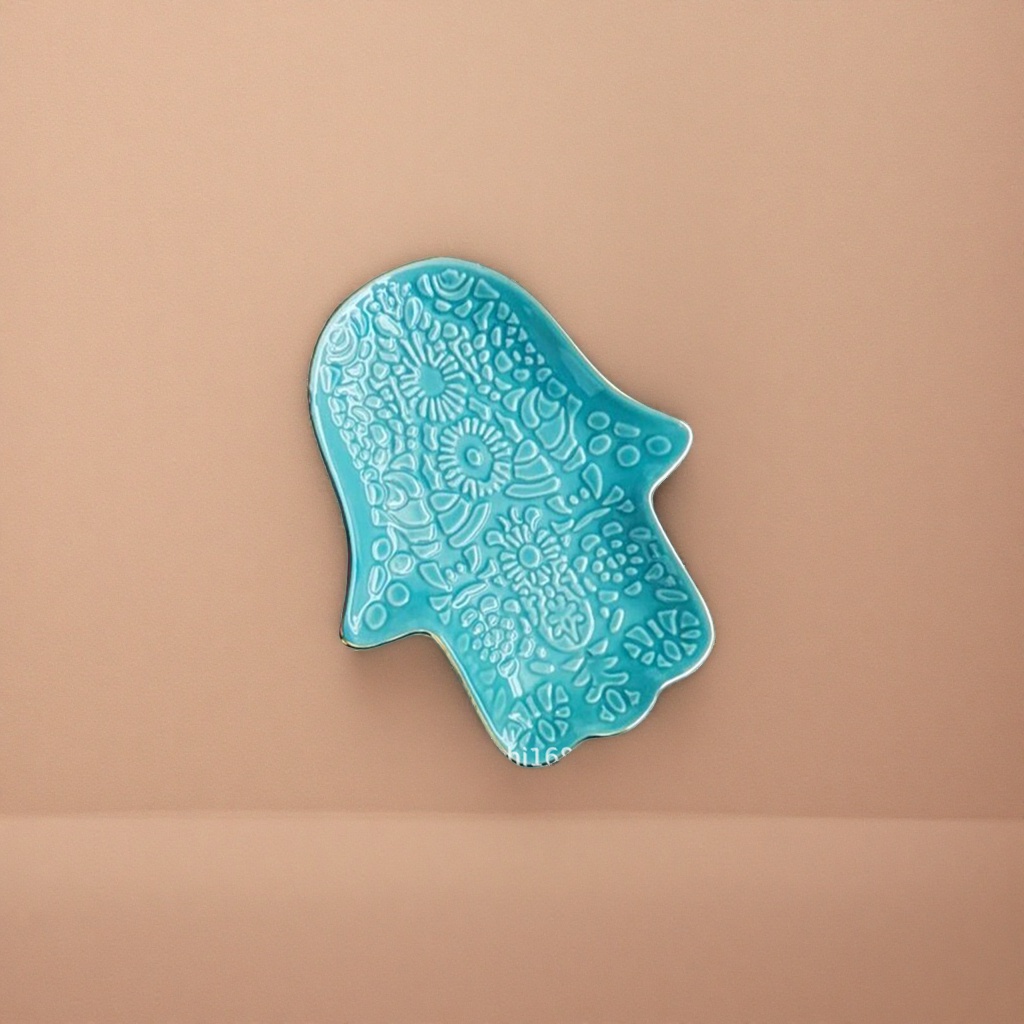 Green hand shape, blue ceramic plate, floral geometric relief with golden edges Specification image