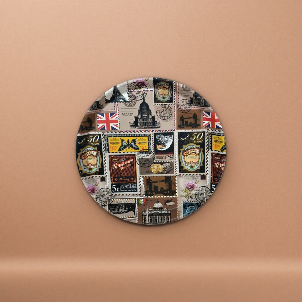 Circular collage-style decorative plate, home decor, dinner plate, living room coffee table decoration
