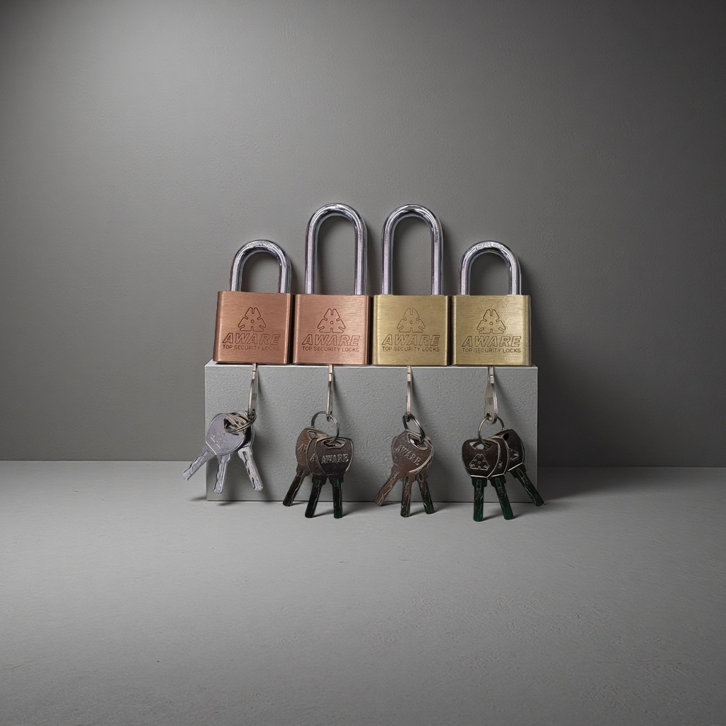 AWARE Four metal padlocks with keys copper and gold bicolor TOP SECURITY LOCKS Specification image