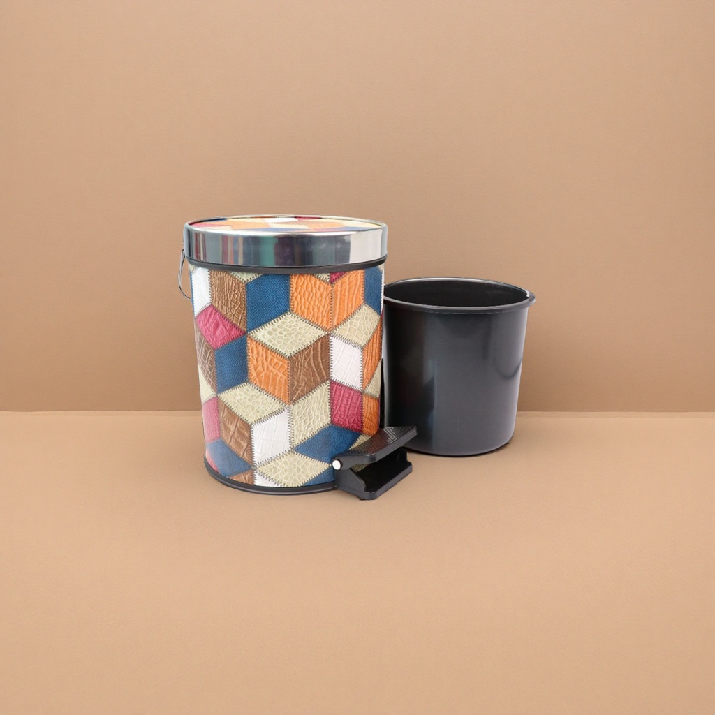 The main body of the color-spliced leather trash can is a simple and elegant household storage bucket for the living room and bedroom details Picture