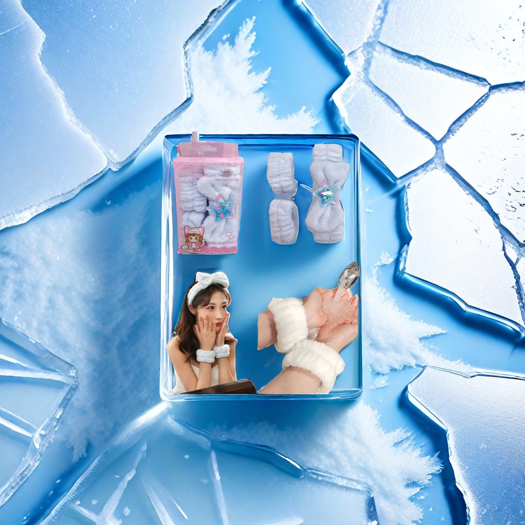 Pink packaging box facial wash, hair band and wristband set, light blue plush star hair band, white absorbent wristband Specification image