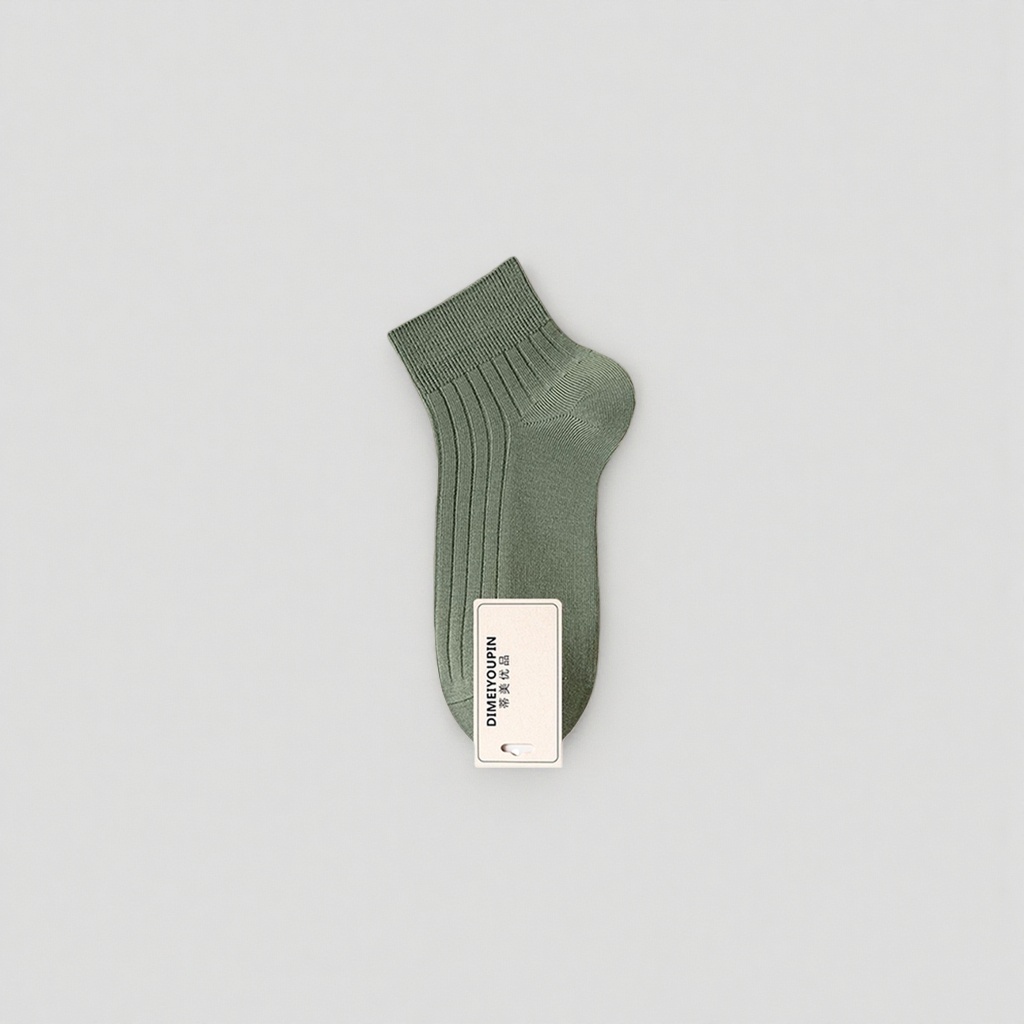 Green short socks, pure cotton, sweat-absorbing and breathable mid-calf socks for both men and women details Picture