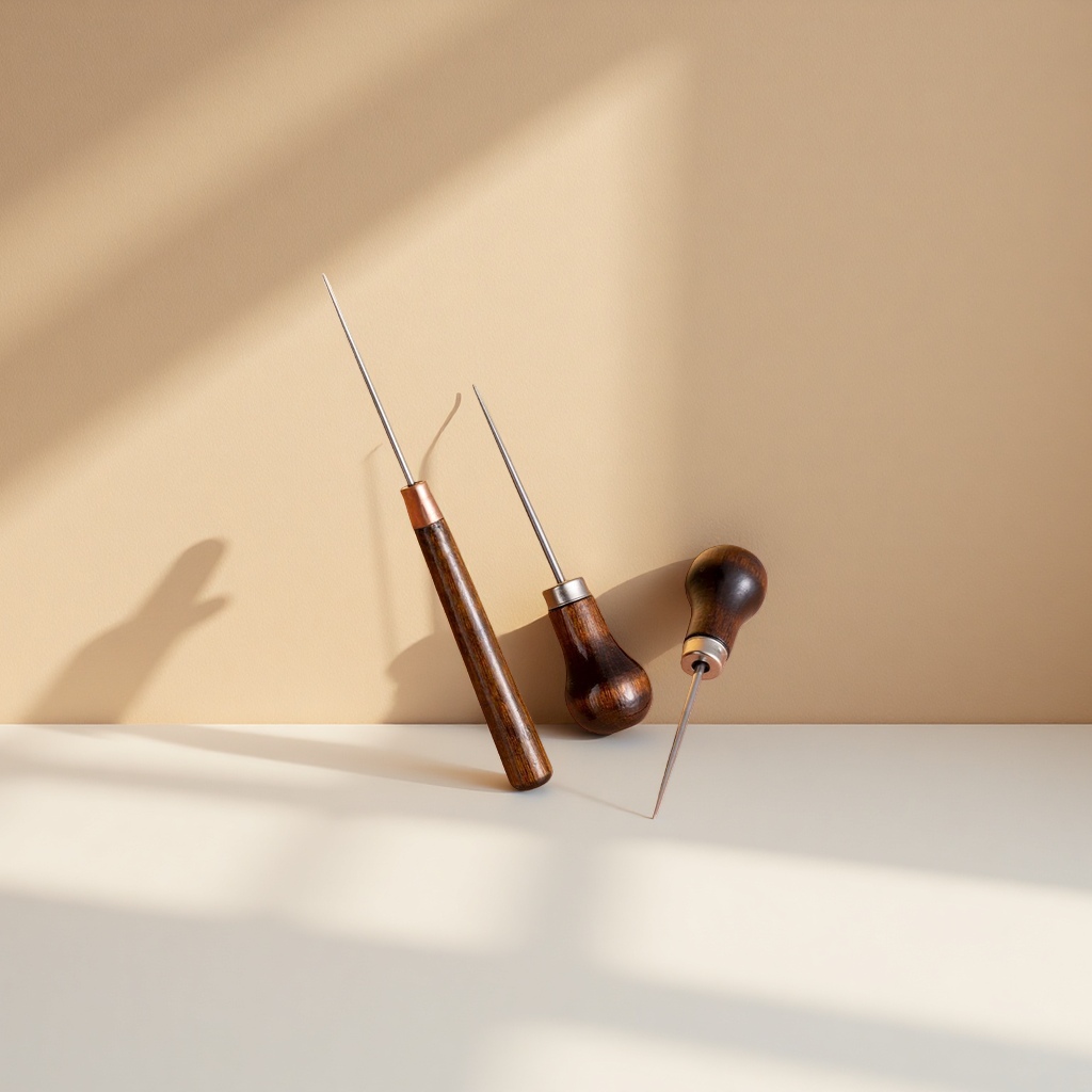 A set of hand-embroidered tools with wooden handles and metal needles Specification image