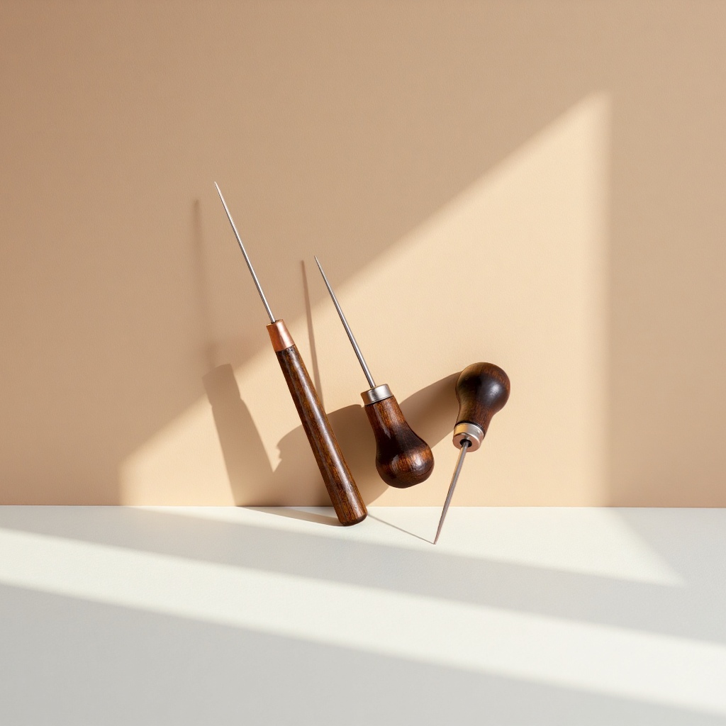A set of hand-embroidered tools with wooden handles and metal needles
