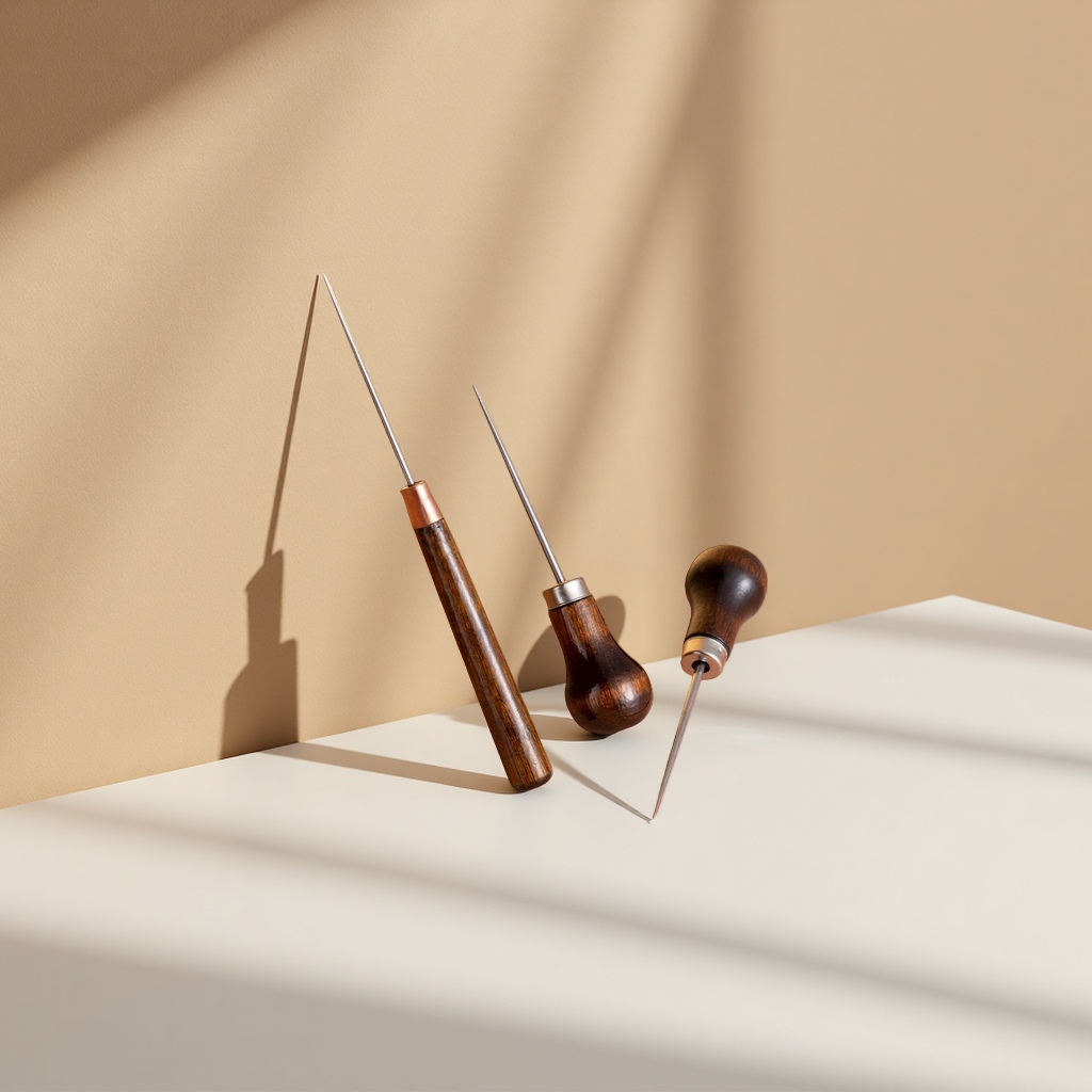 A set of hand-embroidered tools with wooden handles and metal needles details Picture