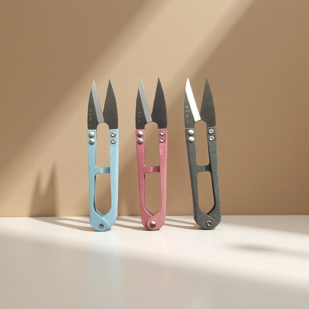 Three sets of colored scissors, blue, pink and grey household cutting tools Specification image