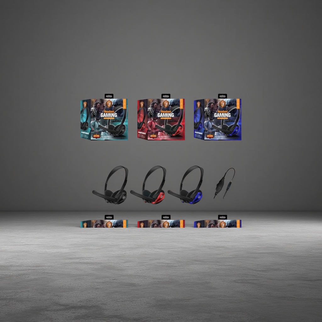 The AKZ GM006 gaming headphones are displayed in black, red and blue packaging boxes with audio plugs Specification image