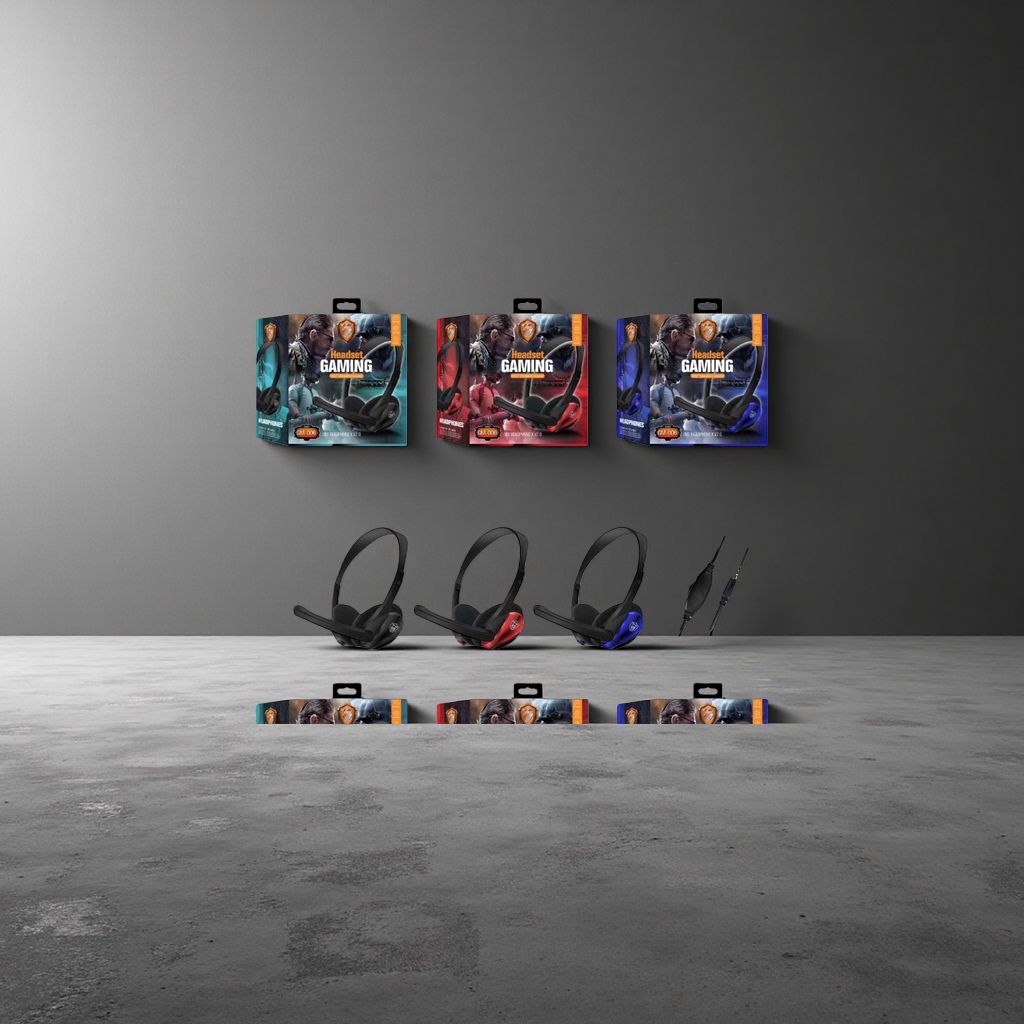 The AKZ GM006 gaming headphones are displayed in black, red and blue packaging boxes with audio plugs Application Scenario