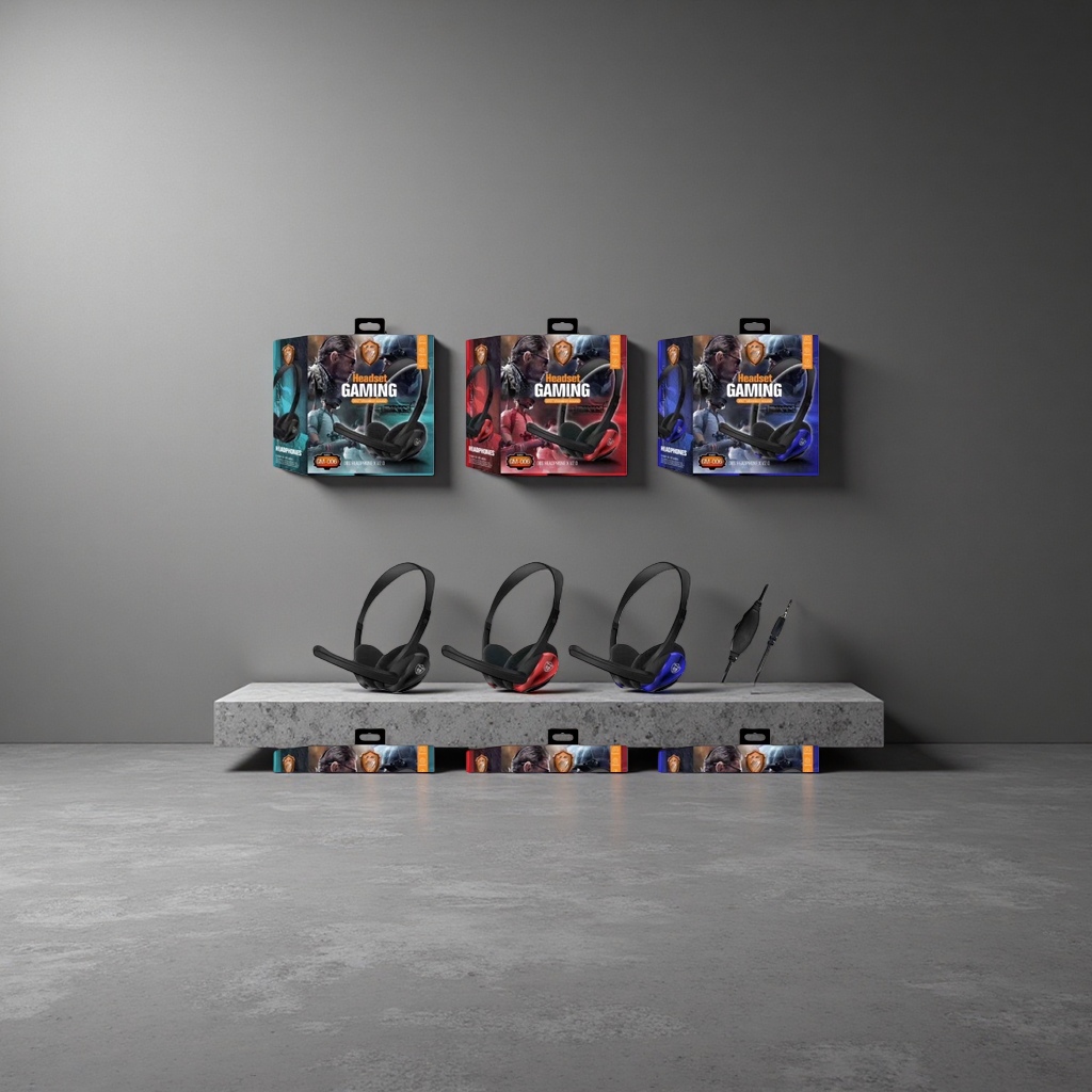 The AKZ GM006 gaming headphones are displayed in black, red and blue packaging boxes with audio plugs details Picture