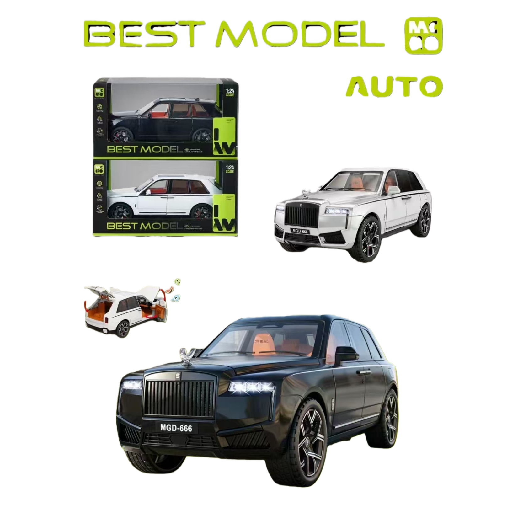 Rolls-Royce 1:24 black and white SUV model, made of ABS material, with lighting and sound effects, and featuring openable doors Application Scenario