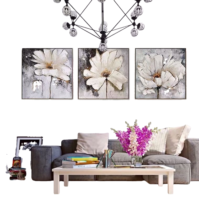 Three white floral-themed decorative paintings for the living room and bedroom in a simple Nordic style