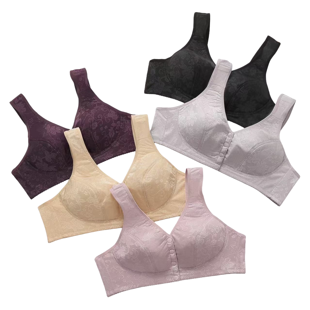 Five multi-color bras without underwire, with front buckle pattern design, black, silver gray, deep purple skin tone, rose pink color, size 36 to 46 Item Picture