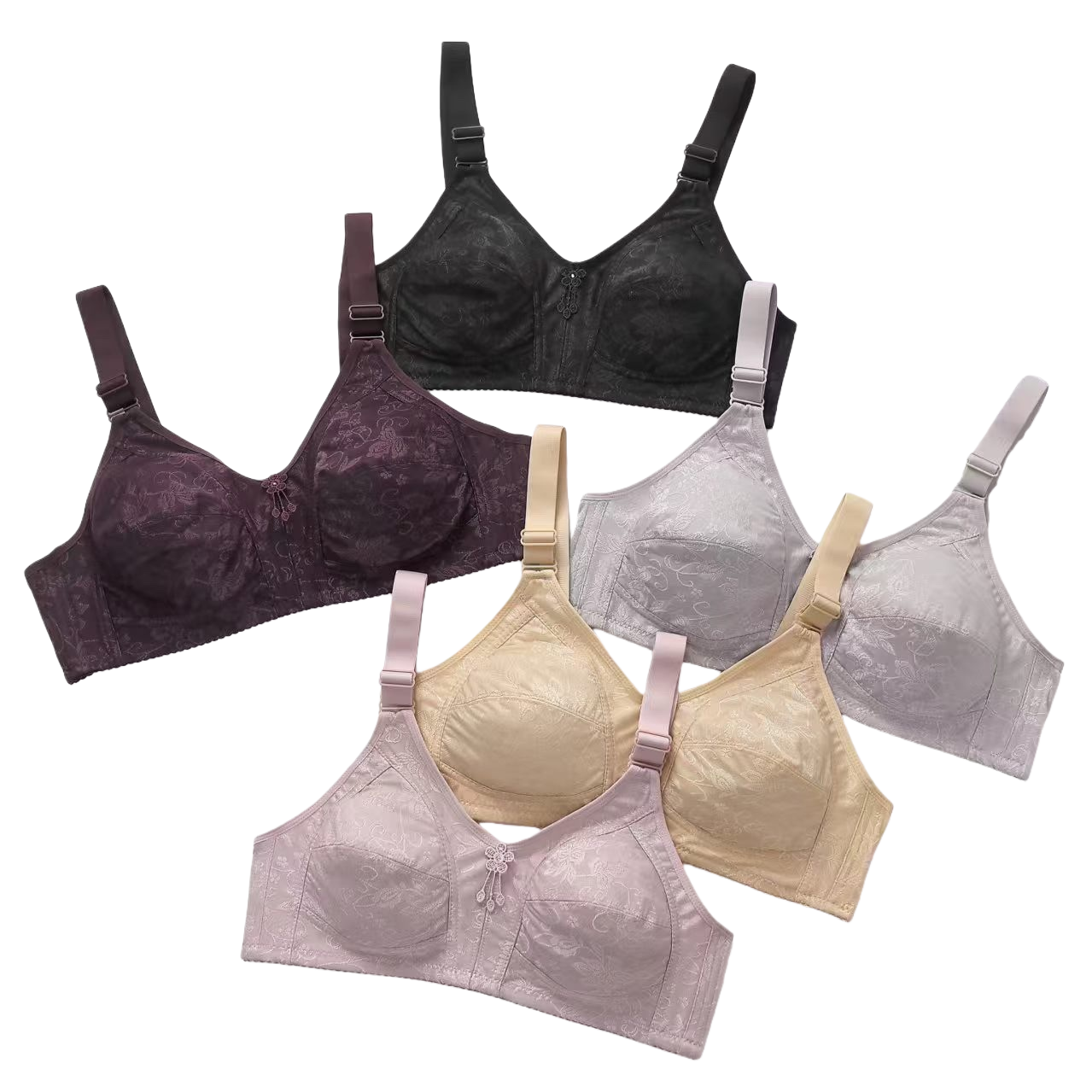 Five multi-color bras: black, deep purple, silver gray, skin tone, and rose sand. Bras for export Item Picture