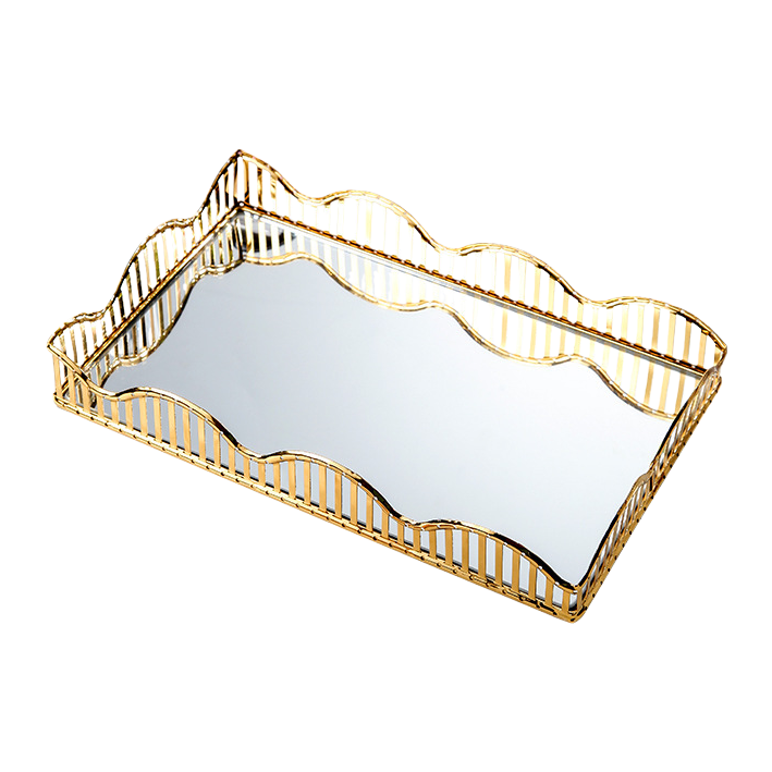 Golden metal frame mirror-finished tray for home decoration storage tray, high-end and light luxury style Item Picture