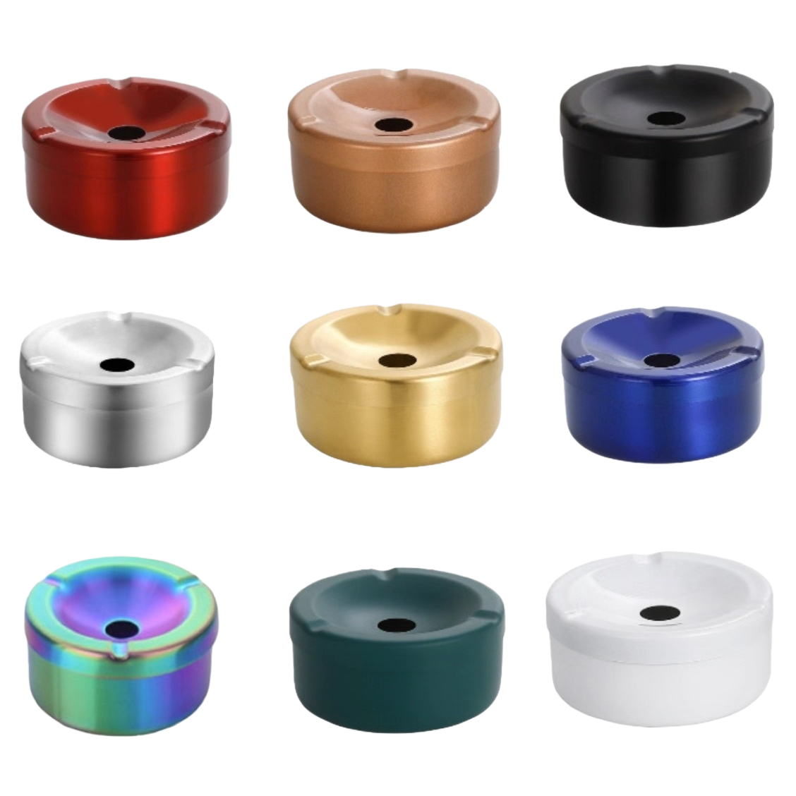 The nine-color round metal ashtray features red, brown, black, silver, gold, blue, rainbow, green and white versions with a top groove and round hole design Item Picture