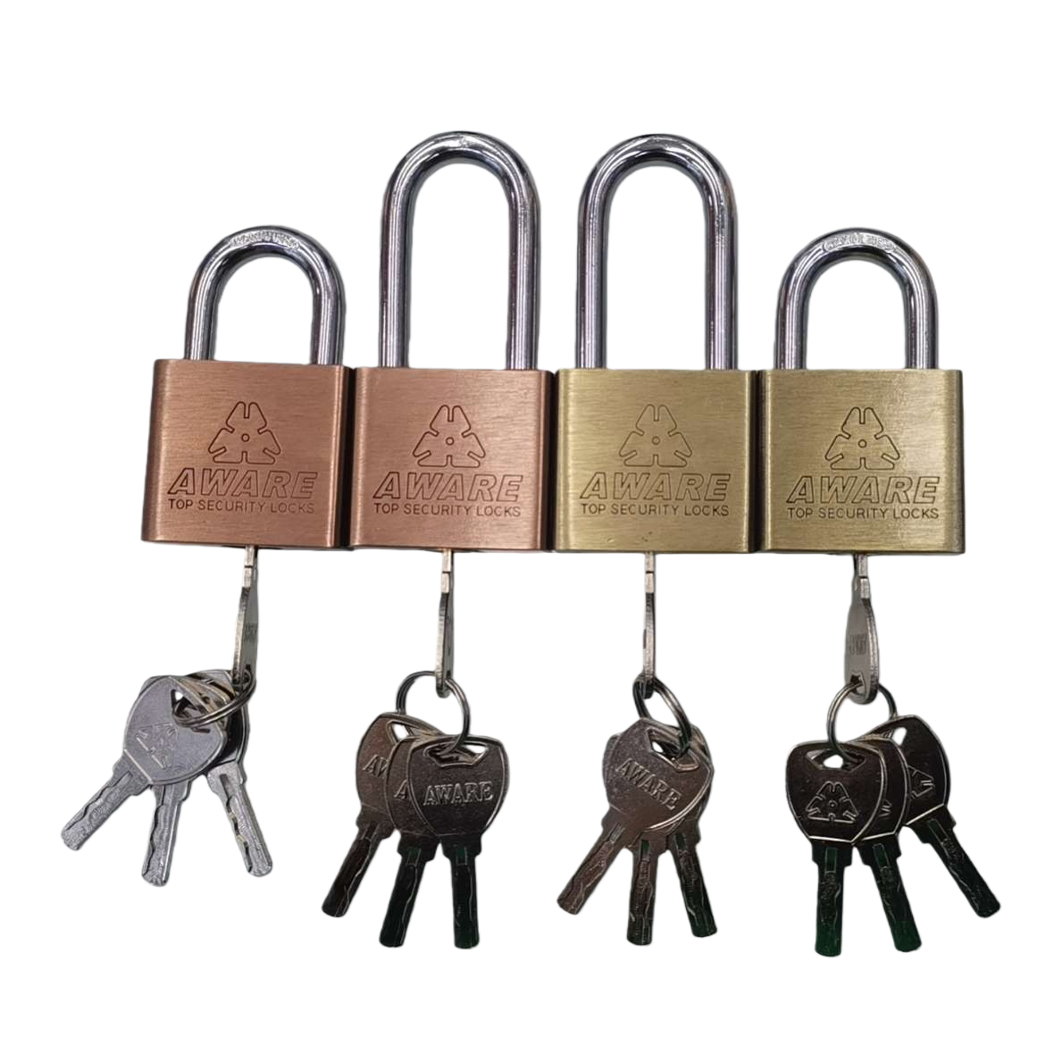 AWARE Four metal padlocks with keys copper and gold bicolor TOP SECURITY LOCKS Item Picture