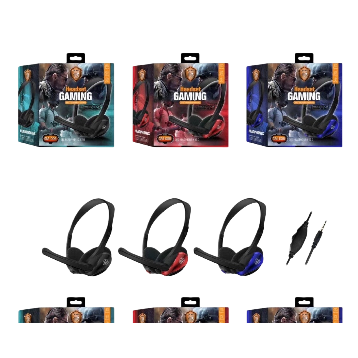 The AKZ GM006 gaming headphones are displayed in black, red and blue packaging boxes with audio plugs Item Picture