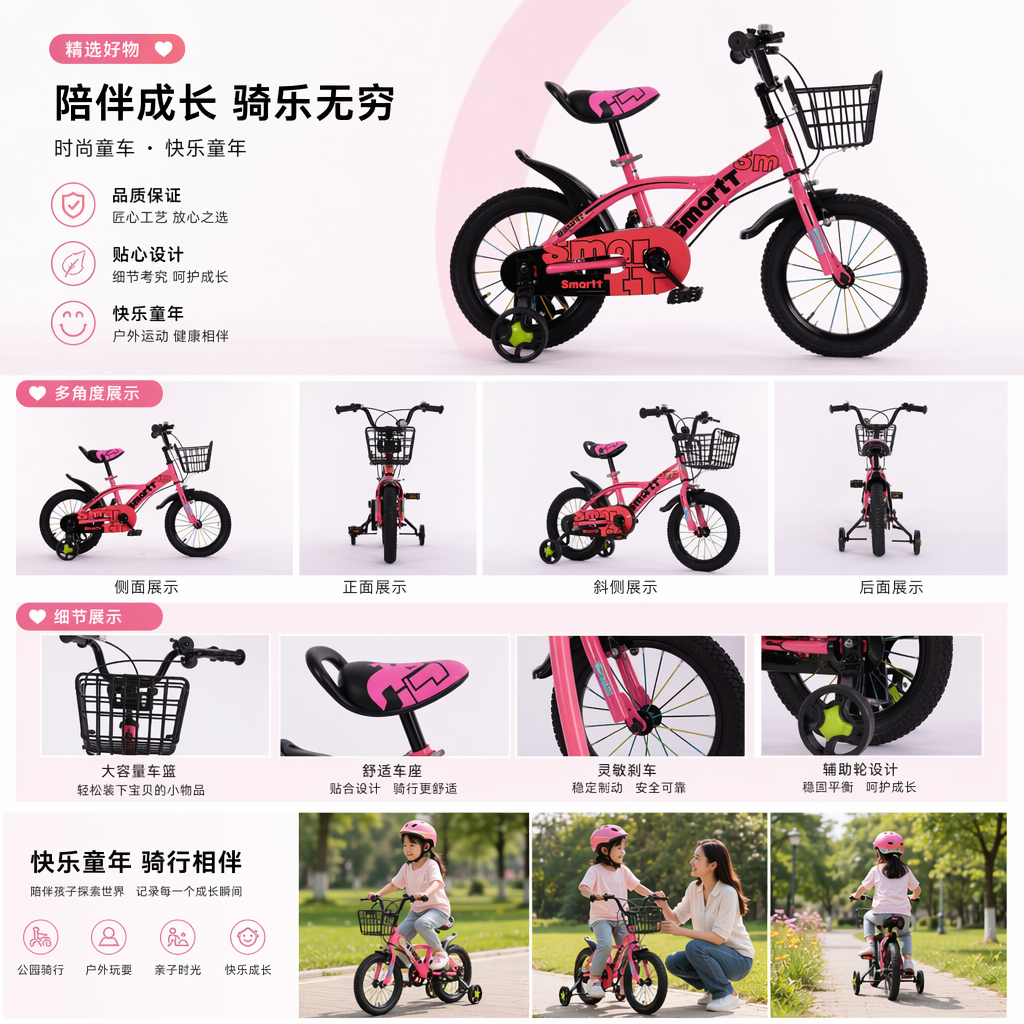 粉色儿童自行车主体 适配3-8岁可调节车把车座详情1