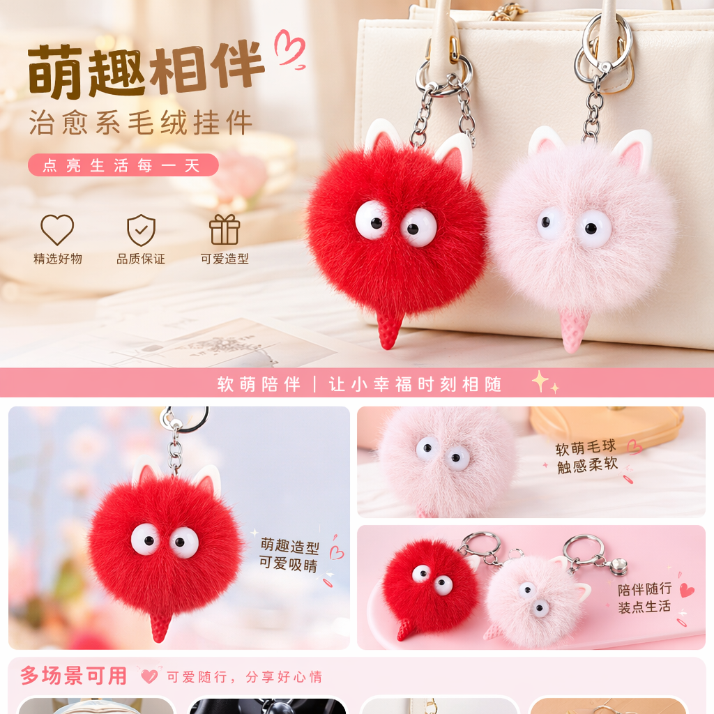 红色粉色毛绒小猫挂件 毛绒玩具 可爱猫咪装饰挂饰详情1