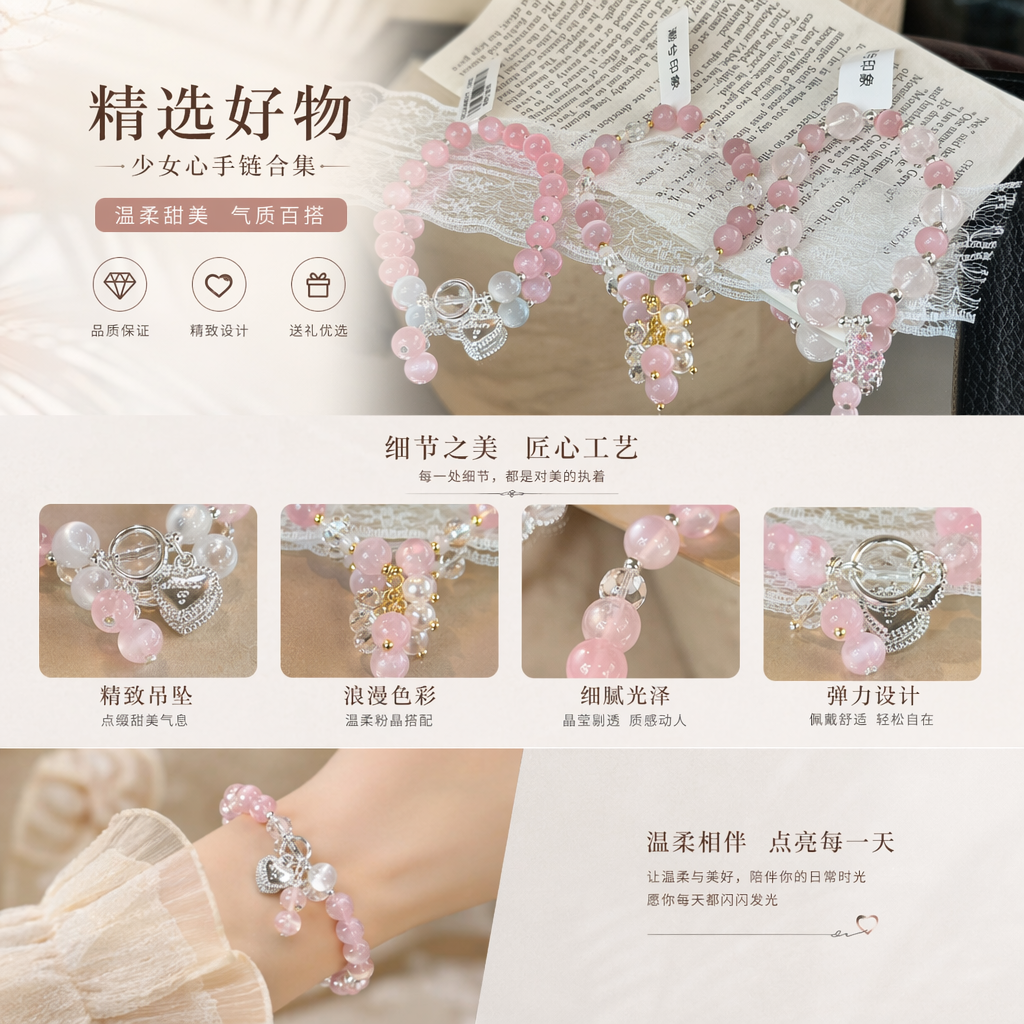 粉色水晶珠串手链新款饰品 时尚水晶手串详情1