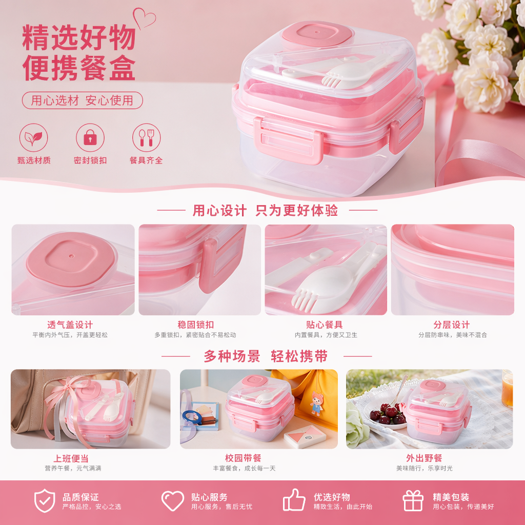 上班族微波炉加热饭盒轻食便当盒野餐盒冰箱冷冻保鲜盒大容量分格小号1000ML-混色详情1