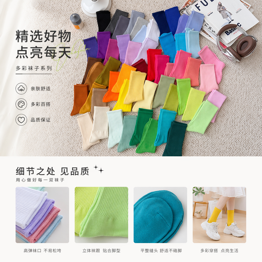 彩色袜子 时尚百搭纯棉中筒袜 多色可选详情1