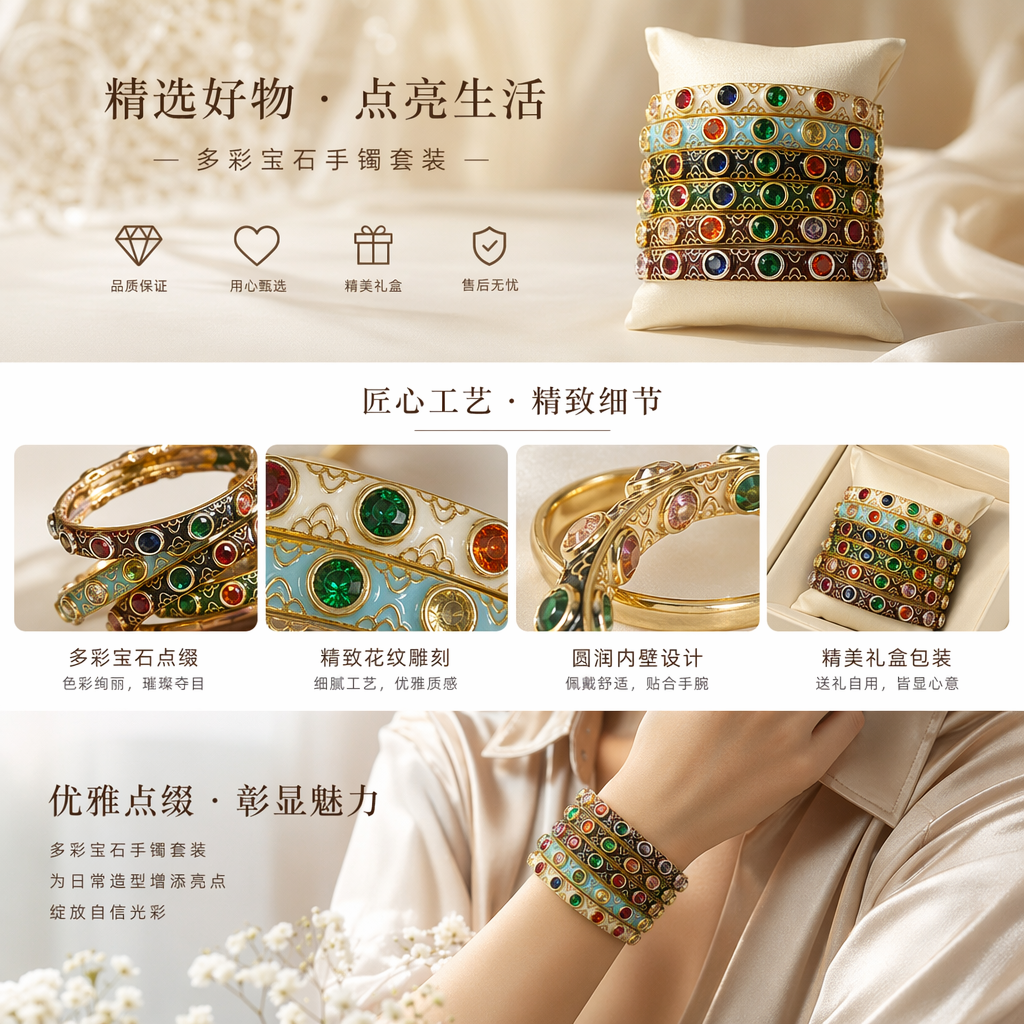 彩色宝石手镯 时尚百搭女士手镯 精美礼盒装详情1
