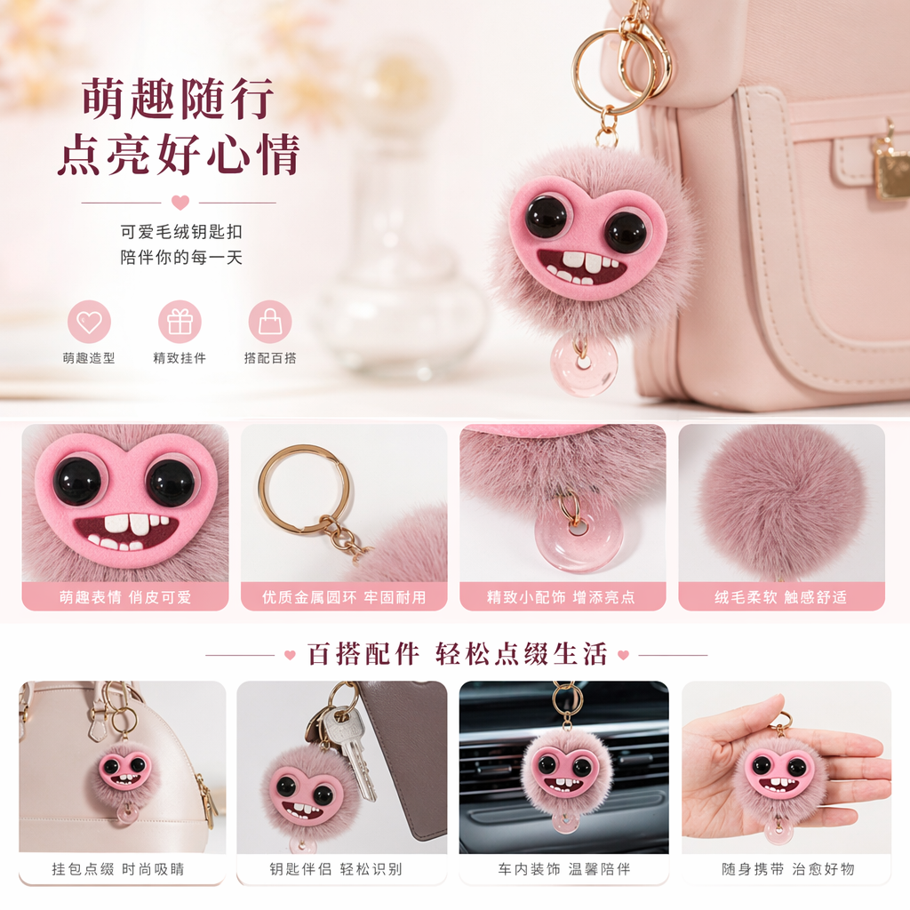 Pink plush monster-shaped keychain, cute and soft pendant, car bag accessory pic 1