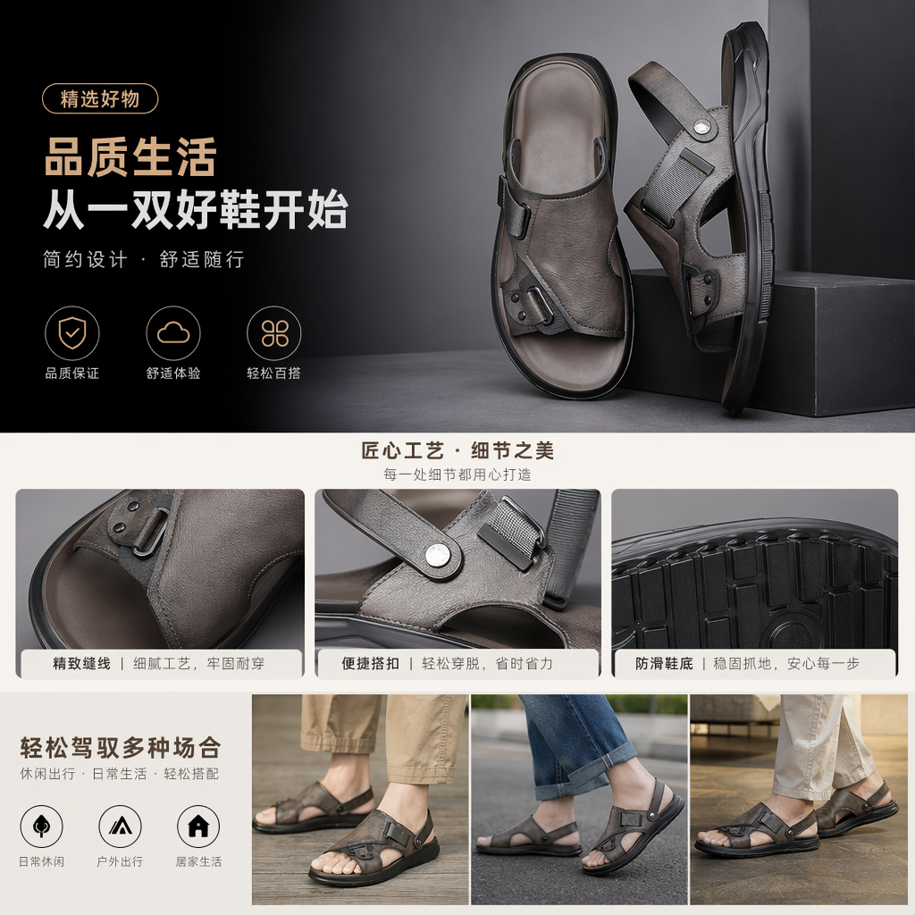 黑色皮革凉鞋主体 时尚百搭舒适透气夏季单鞋详情1