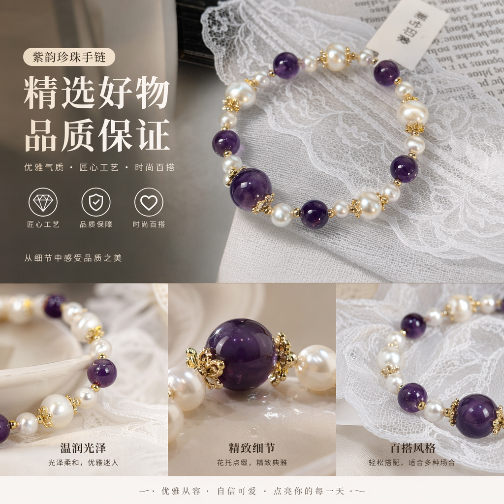 紫色水晶珍珠黄金手链女款不规则百搭手饰详情1