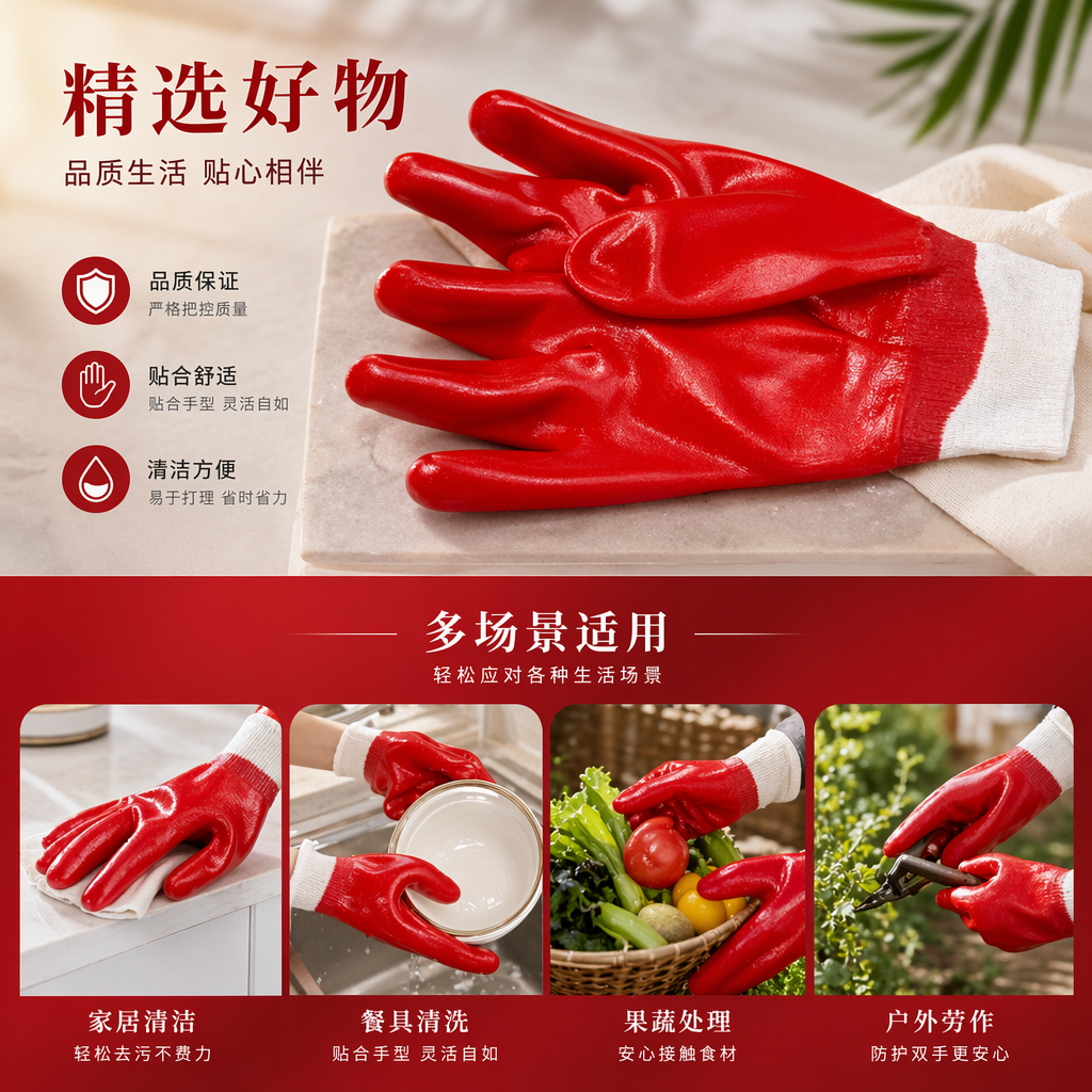 红色橡胶手套 防滑耐磨加厚劳保家用清洁防护手套详情1