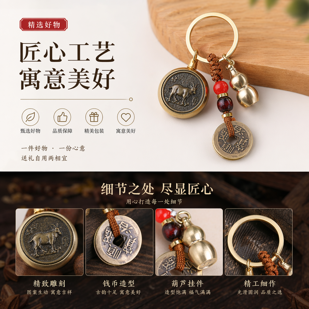 五帝钱纯铜钥匙扣转转钥匙扣空口葫芦挂件饰品十二生肖批发详情1