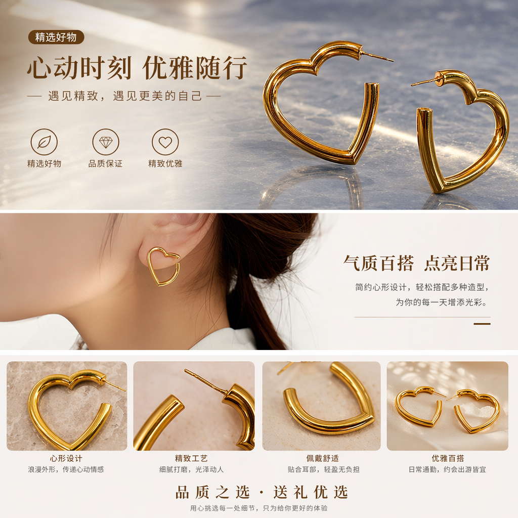 金色心形耳环女轻奢简约时尚百搭耳饰详情1