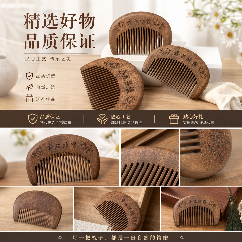 Natural material wooden comb, golden thread sandalwood massage comb, smooth hair without damaging hair, home ancient-style hair combing tool pic 1