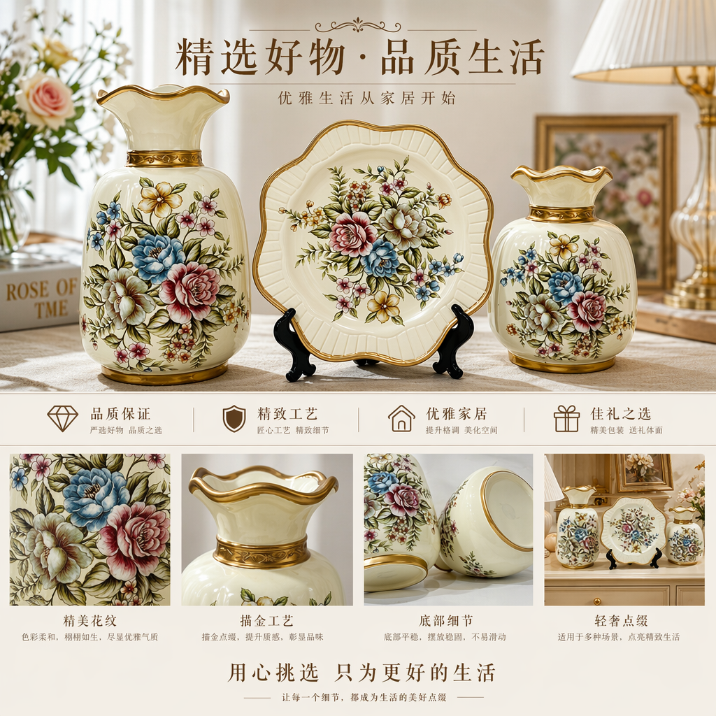 2026新款花卉图案陶瓷花瓶和盘子套装 酒店家居装饰摆件 简约北欧风陶瓷花瓶详情1